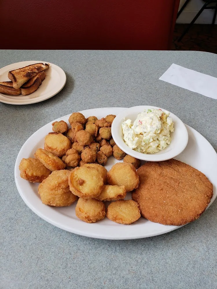 Veal Cutlet Fried Okra Fried Squash Potato Salad